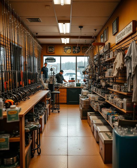 Interior of the Thousand Islands Fish shop showing racks of fishing rods and gear.
